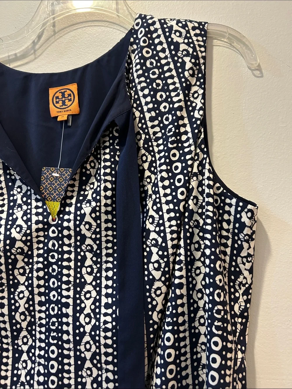Tory Burch Navy and White Printed Sleeveless Blouse with Geometric Pattern